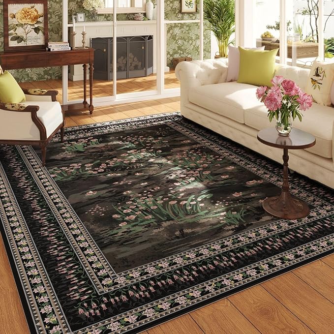 5x7 Area Rugs Impressionist-Style Vintage Washable Area Rug Non Slip Low Pile Large Rugs for Living Room Bedroom Farmhouse Dining Room Kids Playroom, Black