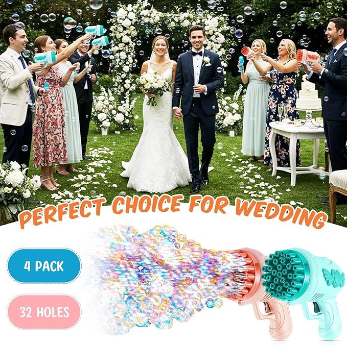ShinyRelief 4 Pack Wedding Bubble Guns 32 Holes with Light, 4 Bottles Solution, Romantic Bubble Maker for Outdoor Ceremony, Wedding Party Favors, Photo Props, Reception Entertainment(Green and Pink)