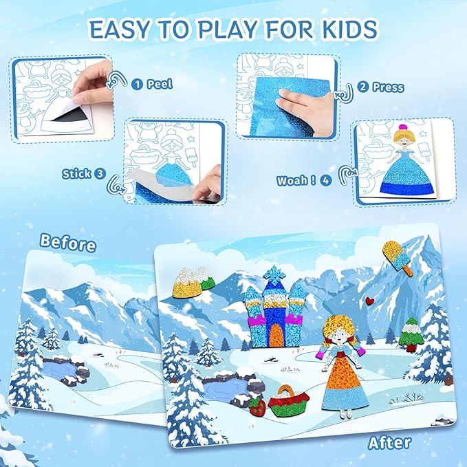 PERRYHOME Foil Arts & Crafts for Kids-DIY Frozen Fun Foil Art Kit Toys,Mess Free Coloring,Kids Car Airplane Travel Activities Toys,Birthday Christmas Gifts for Girls Children Toddler Ages 4-9