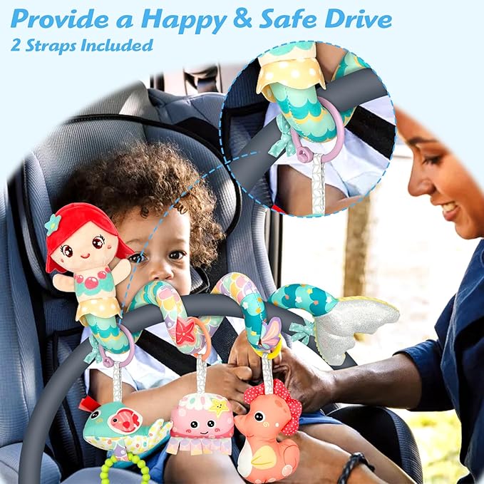 Carseat Toys Hanging Car Seat Toys for Babies 0-6 Months Boy Girl, Mermaid Stroller Toy Newborn Infant Sensory Baby Toy 0-6 Months with Music Rattle Teether, Gift for 0 3 6 9 12 Months