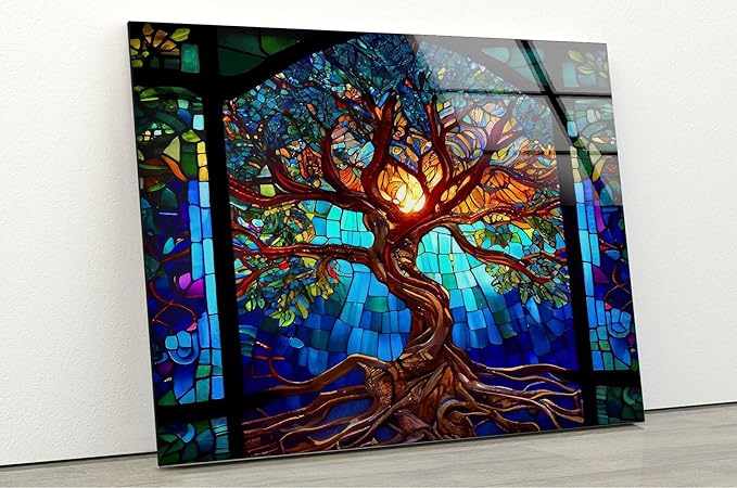 My Photostation.com 48Wx32H'' Stained Blue Life of Tree Glass Wall ArtTempered Glass Printing Wall Decor Large Wall Art Wall Hangings