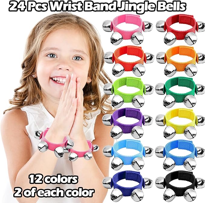 24 Pcs Wrist Band Jingle Bells,12 Colors Band Wrist Bells Ankle Bells,Adjustable Musical Hand Bells Jingle Bell Bracelets for Kids,Rhythm Instrument Percussion Christmas Party Favors