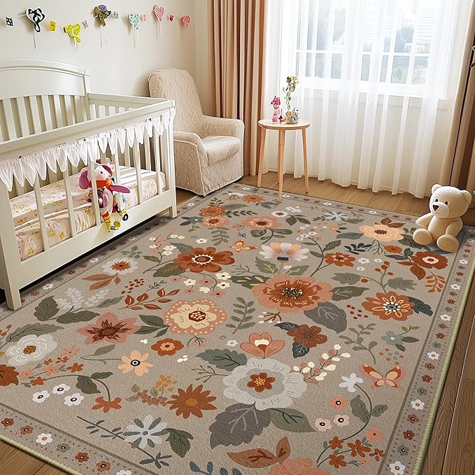 Floral 5x7 Area Rug Machine Washable Soft Print Boho Carpet Non Slip Doormat Low Pile Flower Area Rugs for Living Room Bedroom Nursery Kitchen Dining Room Indoor-Brown/Brick