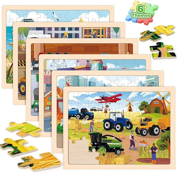 Puzzles for Kids Ages 4-6, 6 Packs 60 Pcs Wooden Jigsaw Puzzles for Kids Ages 6-8, Preschool Educational Vehicle Toys Gifts for 3 4 5 6 7 8 Boys Girls