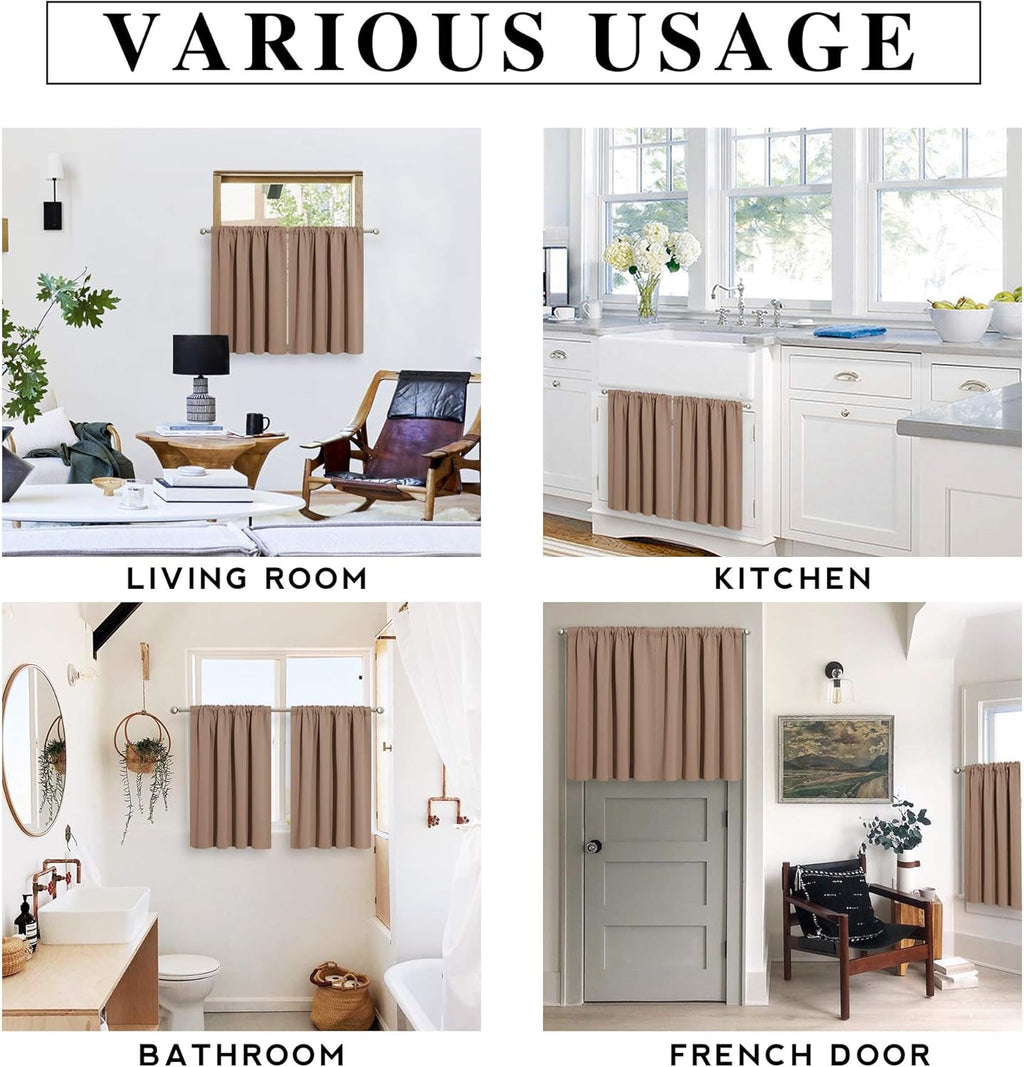 RYB HOME Blackout Small Window Curtains for Kitchen, 2 Panels Solid Kitchen Curtains Privacy Half Window Treatment for Closet Bathroom Bunk Bed Basement, W29 x L30 inches, Mocha