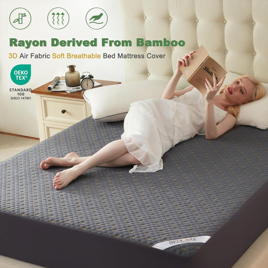 Waterproof Mattress Protector, Twin Size Mattress Pad Fitted 6"-15" Deep Pocket, 3D Air Fabric Soft Breathable Bed Mattress Cover Noiseless Washable (Carbon Gray)