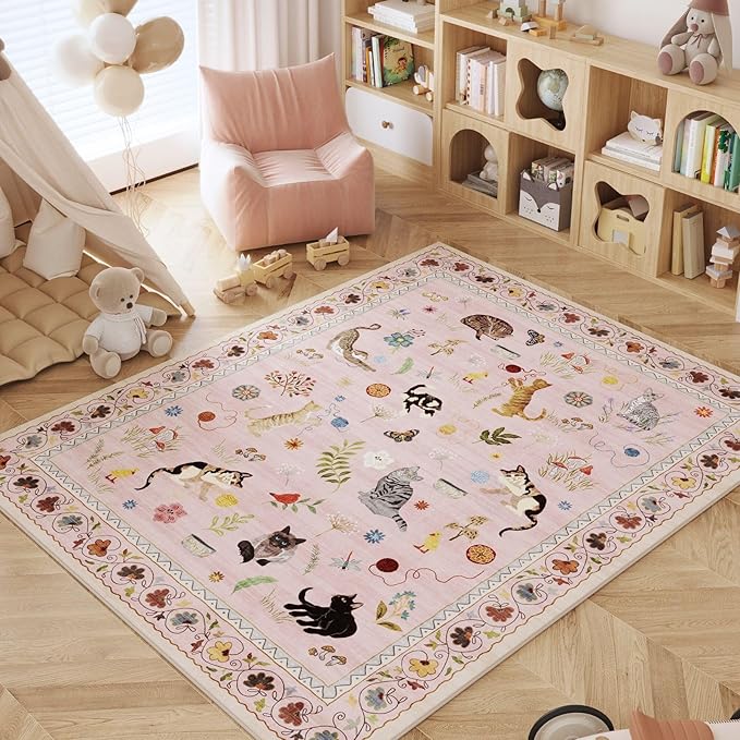 Rugcomf Area Rugs 8x10 Rug for Living Room Clearance Washable Boho Area Rug Non Slip Floral Animal Cat Vintage Low Pile Large Rug for Living Room Bedroom Farmhouse Dining Room Kids Playroom, Pink