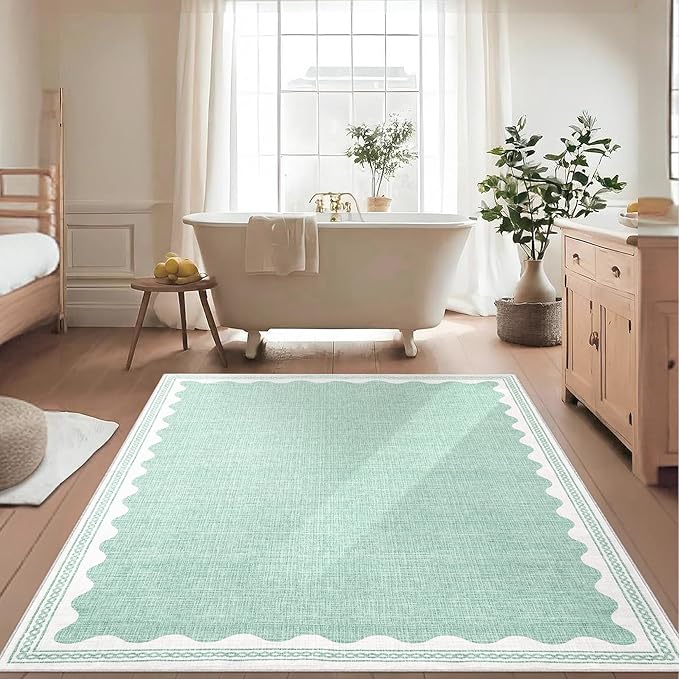 Scalloped 3x5 Rugs for Entryway, Small Area Rug Solid Green Rug for Bedroom Girls, 3x5 Washable Rugs for Living Room, Non Slip Scalloped Bath Mat, Soft Dorm Nursery Carpet for Bedside