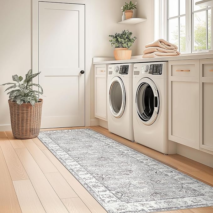 jinchan Hallway Runner Rug 2x10 Machine Washable Runner Rug Grey Vintage Floral Design Non-Slip Ultra-Thin for Kitchen Laundry Room Bedroom Farmhouse (2‘x10',Grey)