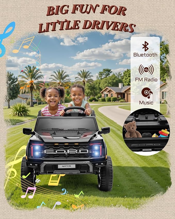 24V Ride on Toys for Big Kids, Licensed Ford F-150 Raptor 2 Seater Kids Ride on Car w/Remote Control, Toddler Electric Car w/LED Lights, Bluetooth, Truck Bed Storage, Soft Start (Black)