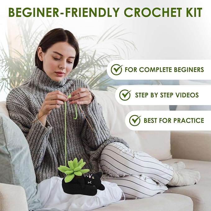 KularStock Beginner Crochet Kit - Black Cat Animal Crochet Kit for Beginners with Yarn, Hooks, Accessories, and Patterns, Knitting & Crocheting Starter Kit for Adults & Kids