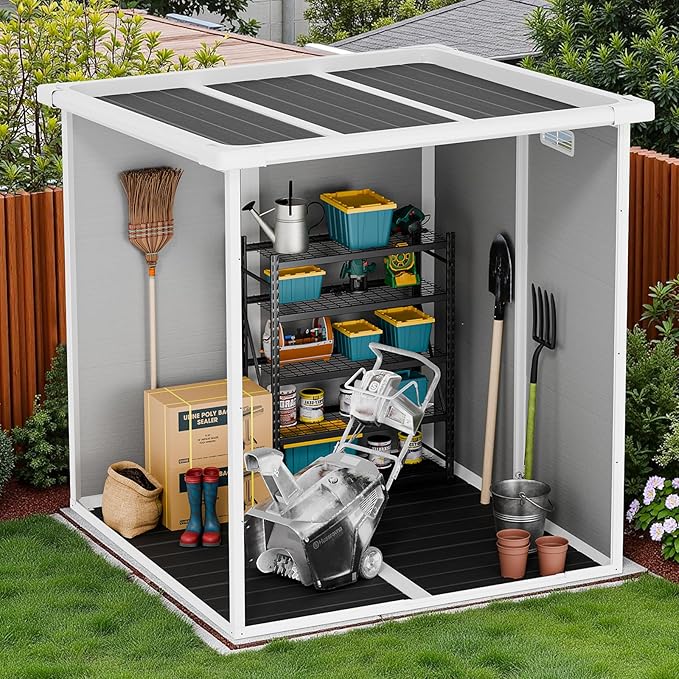 6x6 FT Grey Resin Garden Storage Shed - Waterproof Outdoor Storage with Floor, Lockable Door, Window & Vents - All-Weather PP Plastic Shed for Backyard, Patio, Bikes, Tools & Seasonal Gear