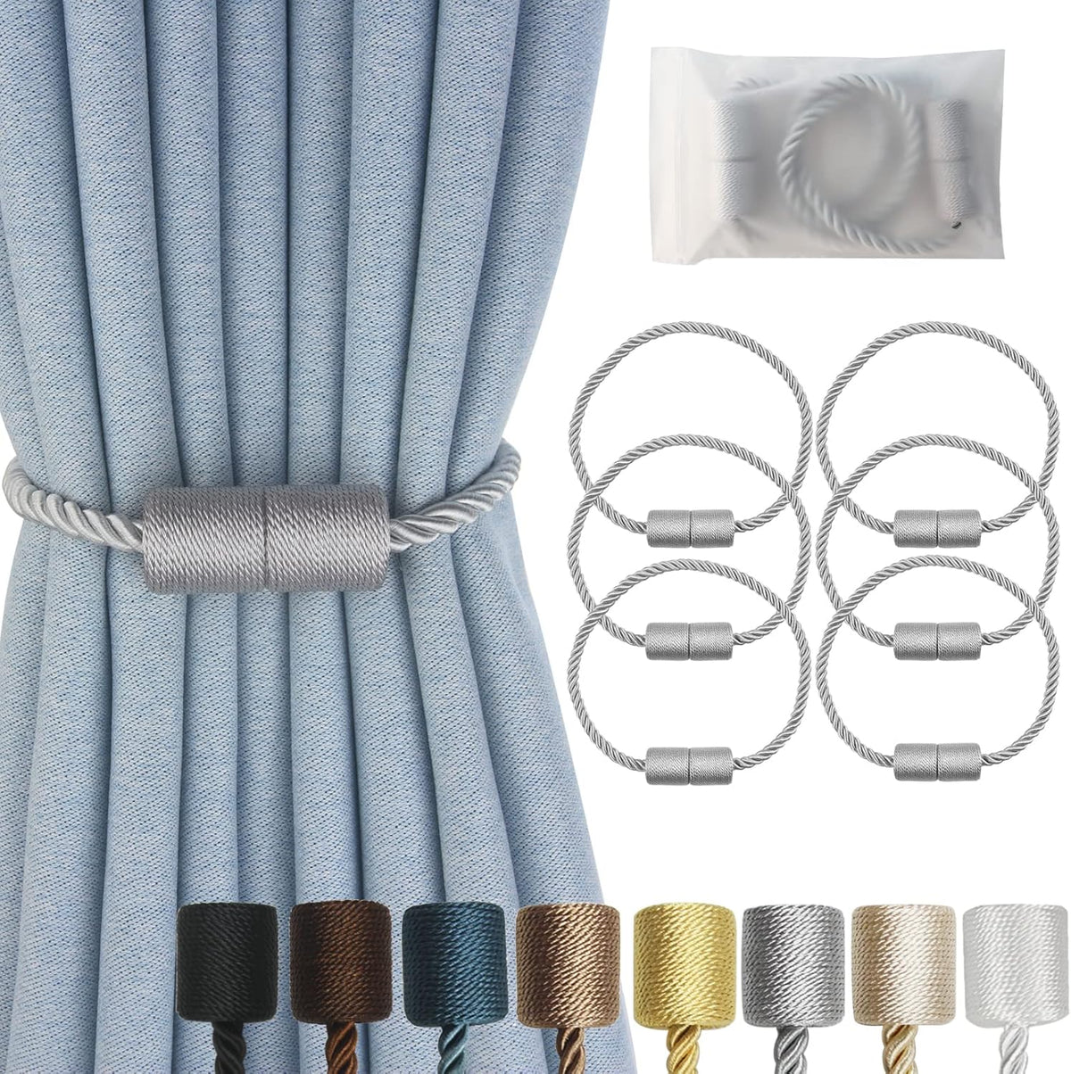 Magnetic Curtain Tiebacks 6 Pack Grey Curtain Rope Tieback Curtain Holders for Drapes Modern Tie Backs Decorative Curtain Holdbacks