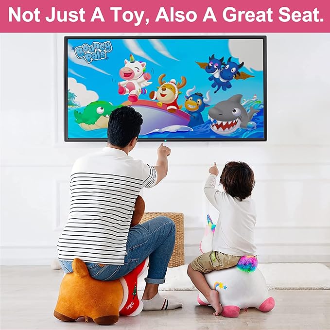iPlay, iLearn Bouncy Pals Hopping Unicorn Horse, Toddler Girl Inflatable Bouncing Animal Hopper Toy, Outdoor Indoor Plush Ride on Bouncer, Baby Birthday Gift 18 Month 2 3 4 Year Old Kid - Unicorn