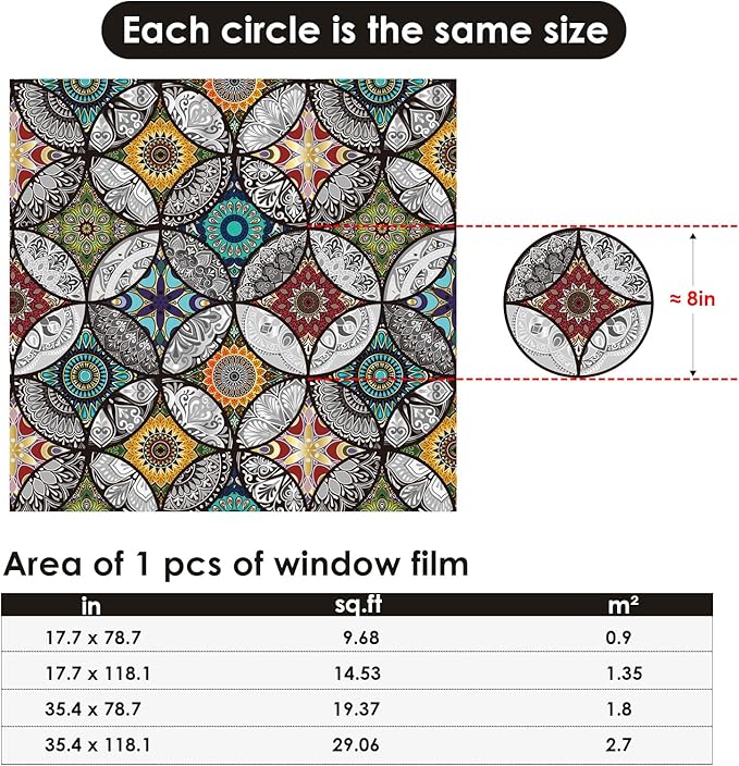 DKTIE Boho Chic Window Privacy Film with Installation Tools - Soften Light, Reduce UV Rays, Decorative Stained Glass Window Tinting Film for Home, 35.4 x 78.7Inch