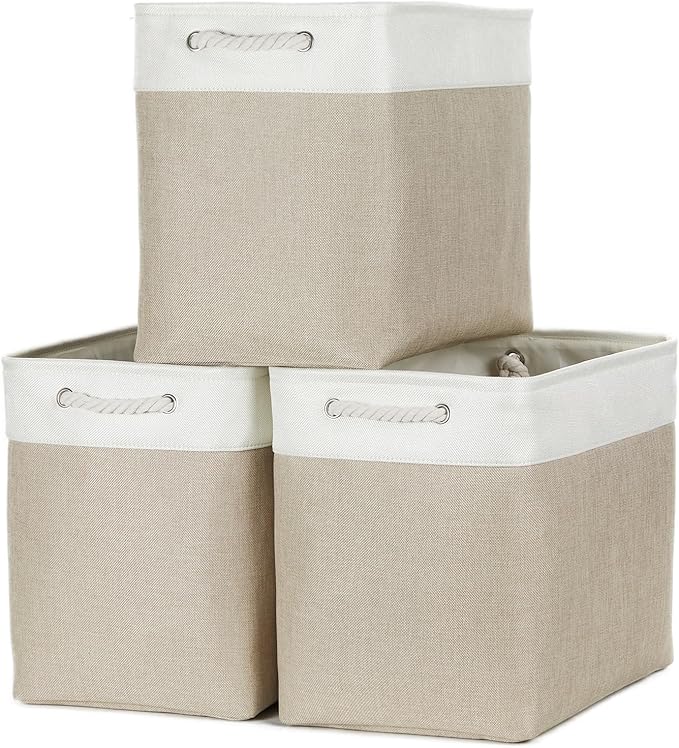 Bidtakay Extra Large Storage Baskets for Organizing 17x12x15.1 inch 3-Pack Fabric Closet Organizers Storage Bins with Handles Foldable Storage Baskets for Shelves Clothes XL-White&Beige