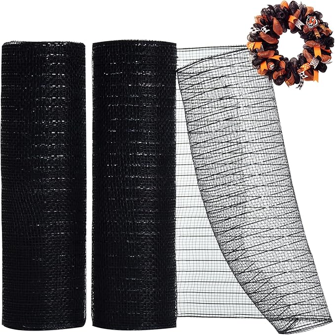 TONIFUL 2 Rolls 10 Inch Black Decorative Mesh Ribbbon Rolls, Fabric Mesh with Foil for Wreath Supplies, Front Door Wreath Crafts Tree Decor Christmas NewYears Halloween Decoration (10 yds/roll)