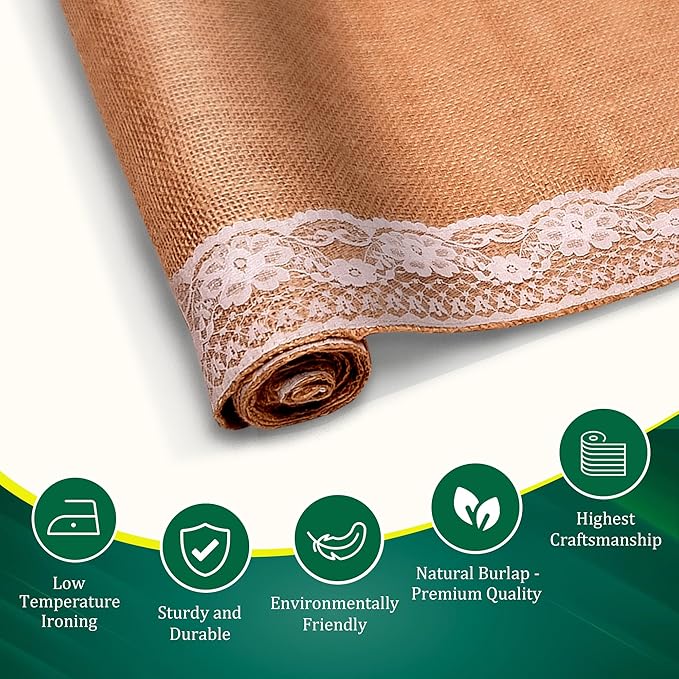 Burlap Lace Table Runner (Pack of 3) – 12”x 108” - No-Fray Finished Edge Natural Table Runner – No Odor, Eco-Friendly Burlap Runner - Perfect for Christmas, Wedding, Thanksgiving