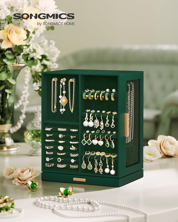 SONGMICS Jewelry Box 360° Rotating, Jewelry Storage Case with 5 Drawers, Jewelry Organizer, Glass Window, Spacious, Vertical Jewelry Storage, Open Design, Great Gift, Forest Green UJBC170C01
