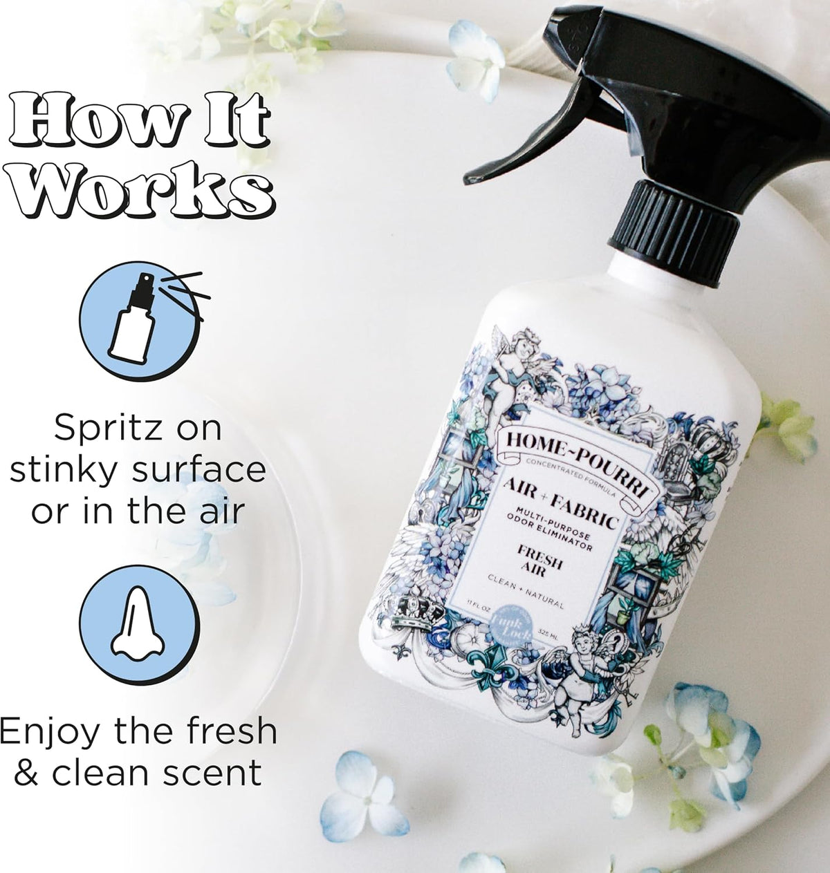 Home-Pourri Air + Fabric Multi-Purpose Odor Freshener Spray, 11 Fl Oz, Up to 570 Uses, Fresh Air Scent, Room Deodorizer with Essential Oils, for Carpets, Couches, Bedding & Curtains