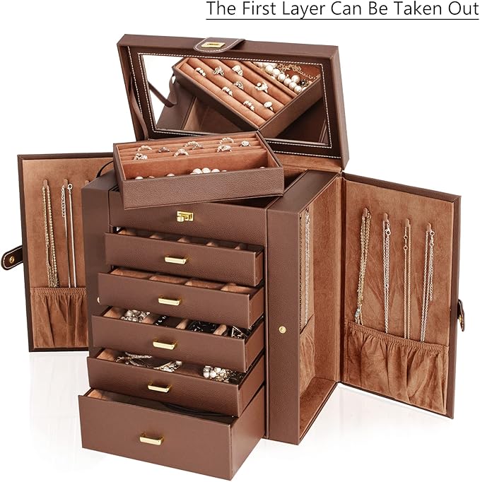 AKOZLIN Large 6-Tier Jewelry Box Organizer Functional Huge Lockable,5 Drawers Leather Jewelry Storage Case for Women Girls Ring Necklace Earring Bracelet Holder Organizer with Mirror Brown