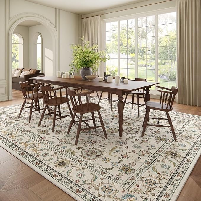 Washable 9x12 Area Rugs for Living Room, Boho Non-Slip Silicone Backing Rugs for Bedroom Dining Room Nursery Office, 0.3" Neutral Oriental Throw Carpet with 0.16" Cushioning Pad, Light Beige/Multi