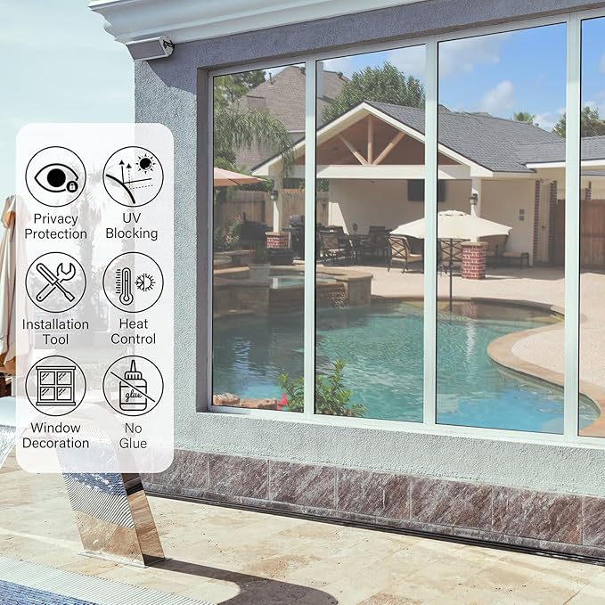 Kromapolis One Way Window Privacy Film Reflective Mirror Home Window Tint, Daytime Privacy Heat Control Anti UV Glass Tinting Static Cling (Silver, 17.5 x 78.7 inch)