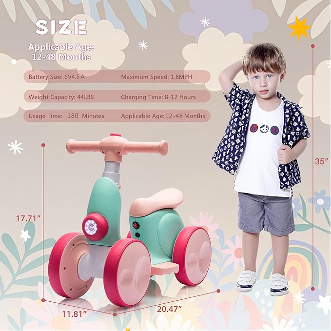 6V Electric Baby Balance Bike for 1 Year Old Boys Girls Ride on Toys 12-48 Months Toddler Balance Bike, 4 Wheels Kids First Bike with Remote Control First Birthday Gifts- Green&Red