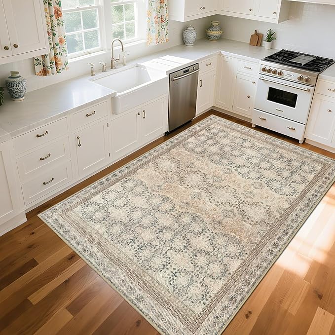 Large 8x10 Washable Area Rug for Living Room, No Shedding Vintage Floral Print Rugs Non Slip, Indoor Foldable Thin Retro Accent Carpet for Bedroom Farmhouse Dining Room Beige/Pink/Orange