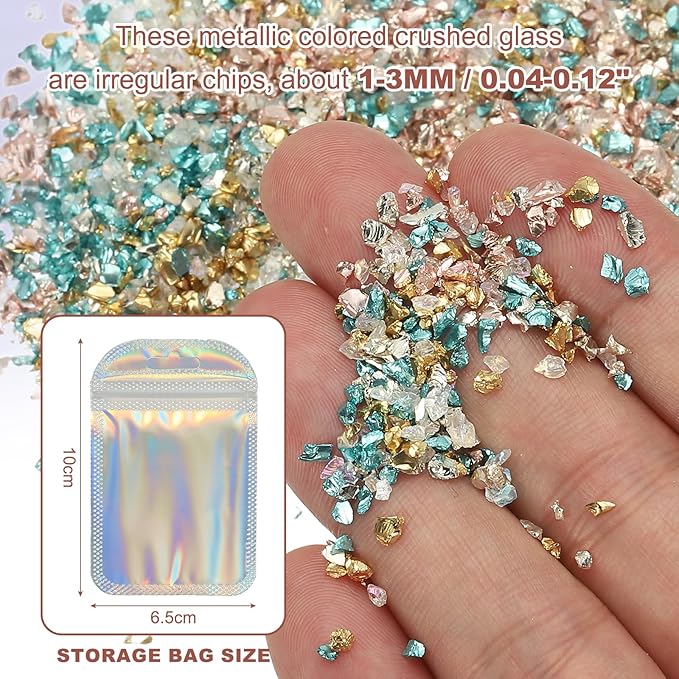 uxcell 6 Colors Crushed Glass Chips, 1-3mm Irregular Glitter Metallic Glass Broken Glasses Pieces with Laser Bag for Craft DIY Vase Epoxy Halloween Decoration 33g, Gold Color Series