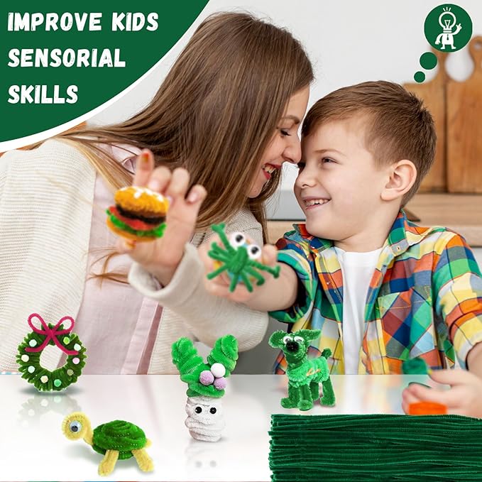 Green Pipe Cleaners,200pcs Chenille Stems,Craft Pipe Cleaners,Green Chenille Stems,Set of Bulk Craft Supplies for DIY Flowers,Arts,Crafts,Decorations,Toys for Ages 5-7