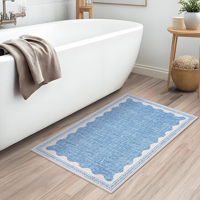 Scalloped Rug 2x3 Rugs for Entryway, Solid Blue Rugs Small Area Rug Non Slip Scalloped Bath Mat, Washable Front Door Mat Indoor Entrance,Soft Girls Nursery Dorm Carpet for Bedroom Kitchen