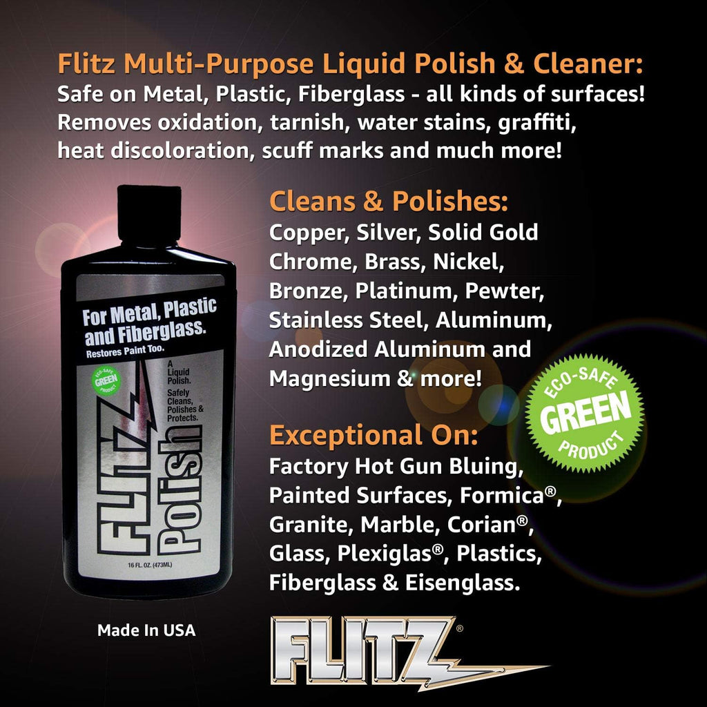 Flitz Multi Purpose Metal Polish Liquid - 16oz Bottle of USA-Made Tarnish Remover - For Aluminum, Chrome, Brass, Nickel, Silver - Non-Abrasive Metal Cleaner and Polish, Restorer (1 Pack)