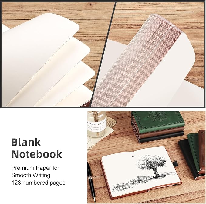 AHGXG Small Blank Pocket Journal Notebook for Men - 256 Numbered Pages B6 Mini Journal, Vintage Soft Leather Hardcover, 80gsm Paper, for Women Work Office School, 4.1'' X 5.7''- Black