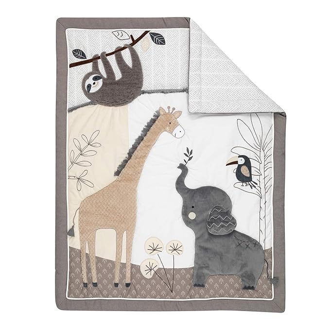 Lambs & Ivy Baby Jungle Animals 4-Piece Gray/White/Taupe Crib Bedding Set