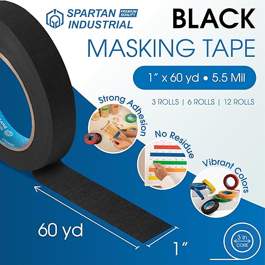 Spartan Industrial - 1" X 60 yd Black Masking Tape - 3 Color Tape Rolls for Arts and Crafts, Painting, and More - No Residue, 5.5 Mil