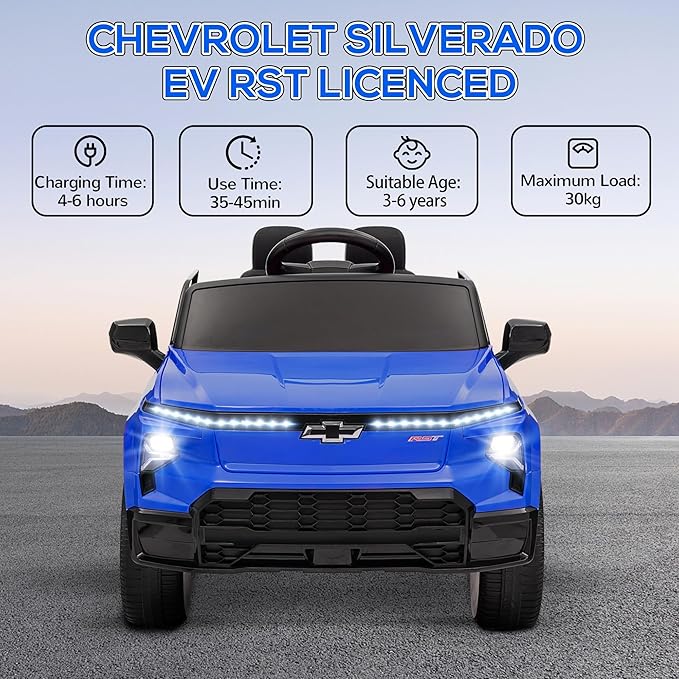 Qaba 12V Kids Ride on Truck, Chevrolet Silverado EV RST Licensed Electric Car with Parent Remote Control, Back Storage, Spring Suspension, Soft Start, Auxiliary Wheels, LED Lights, Music, MP3, Blue