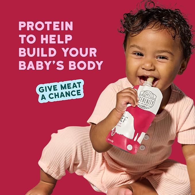 Serenity Kids 6+ Months Baby Food Pouch Puree - Grass Fed Beef, Kale & Sweet Potato - Ethically Sourced Meat & Organic Veggies - BPA-Free, 3.5 Ounce, 12 Count