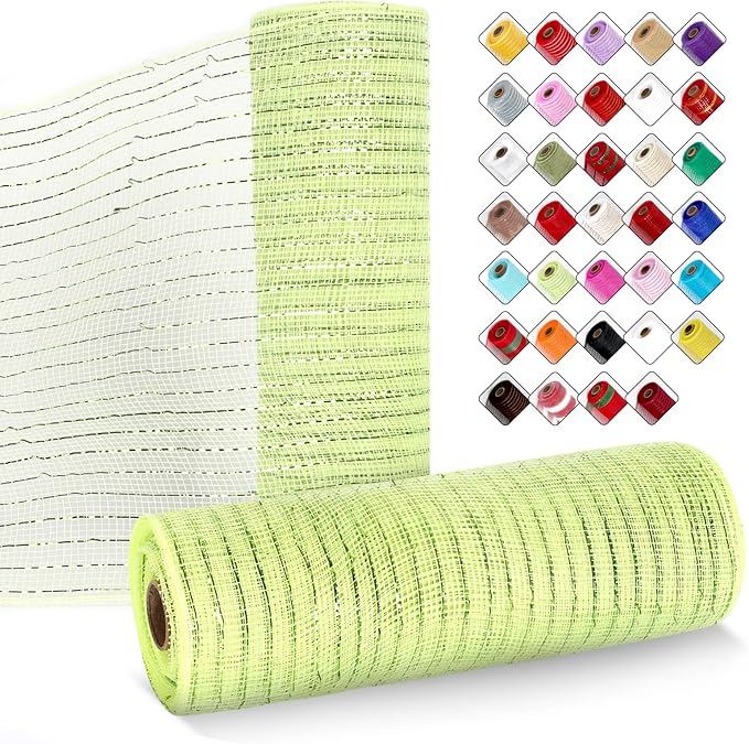 2 Rolls Mesh Ribbon for Wreaths 10 Inch x 30 Foot Wreath Mesh Rolls with Metallic Foil for Easter Christmas Party Wedding Home Decor DIY Craft Projects and Gift Wrapping (Light Green)