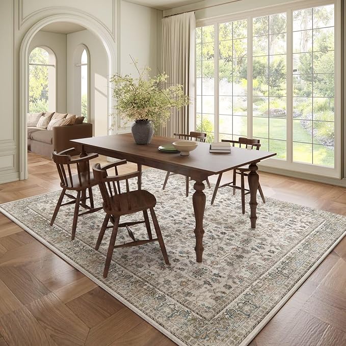 Washable 6x9 Area Rugs for Living Room, Boho Non-Slip Silicone Backing Large Rugs for Bedroom Dining Room Nursery Office, 0.3" Neutral Oriental Throw Carpet with 0.16" Cushioning Pad, Cream/Multi