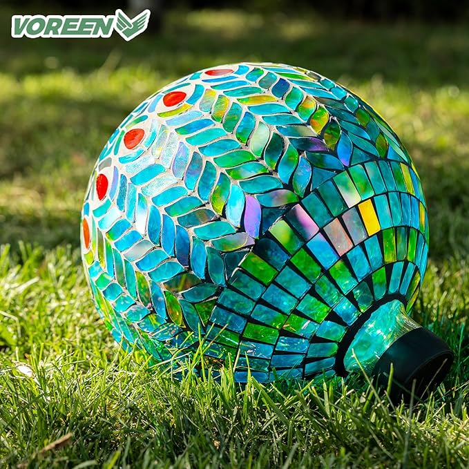 VOREEN Mosaic Glass Gazing Ball Outdoor Gazing Globe, Handmade Reflective Ball Yard Decoration for Homes, Patio, Lawn and Gardens, Gift for Mom Wife Friend, 10-Inch, Blue