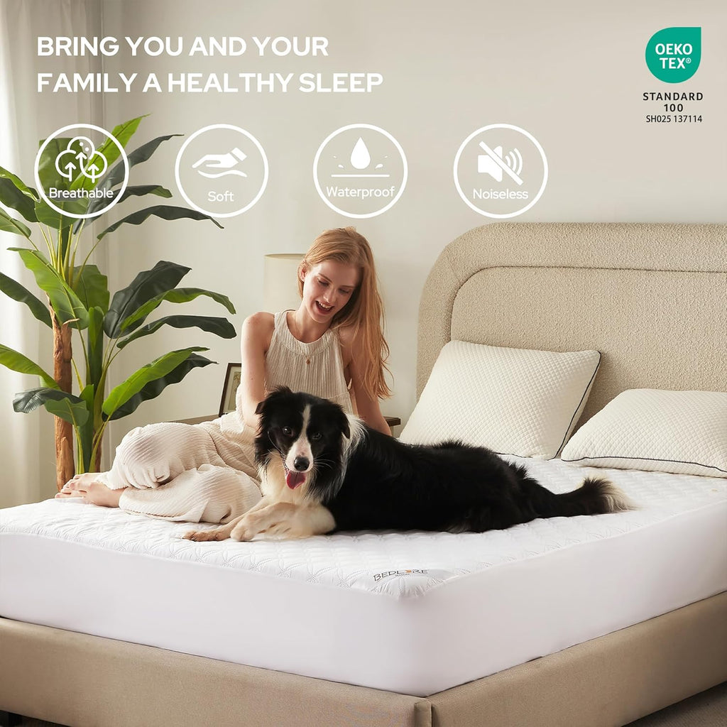 BEDLORE Waterproof Mattress Protector, King Size Noiseless Mattress Pad with Deep Pocket Fitted Up to 6-18 inches, Soft Noiseless Bed Mattress Cover Washable for Home, Bedroom, Hotel (White)