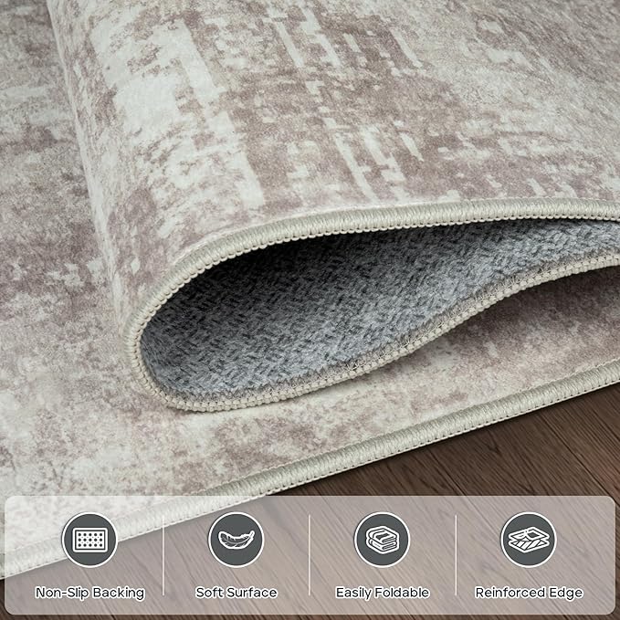 4x6 Area Rugs for Living Room Rug Washable: Modern Large Rug for Dining Room Bedroom Carpet Non Slip Low Pile 4 by 6 Indoor Abstract Nursery Home Office Brown Grey