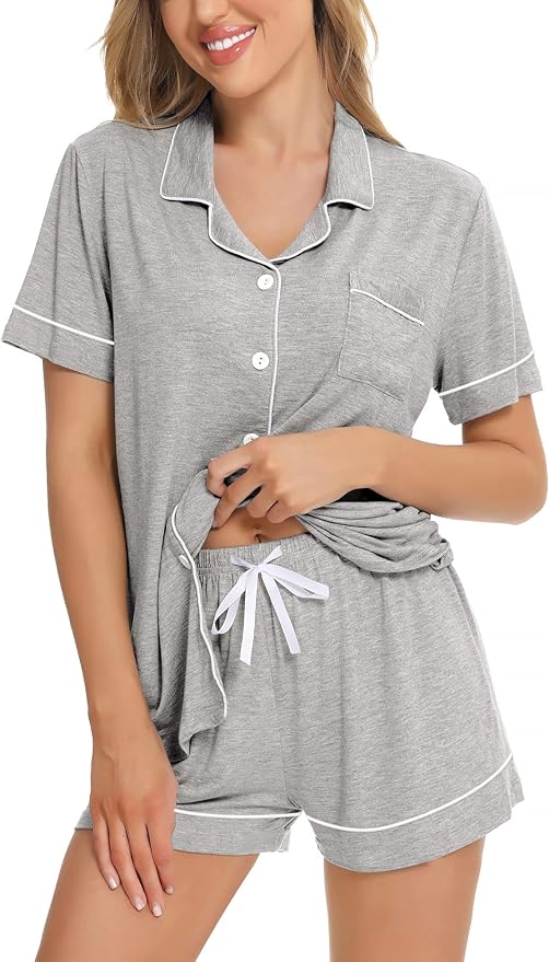 SWOMOG Womens Button Down Pajamas Set Short Sleeve Sleepwear Bride Soft Pj Lounge Sets XS-3XL
