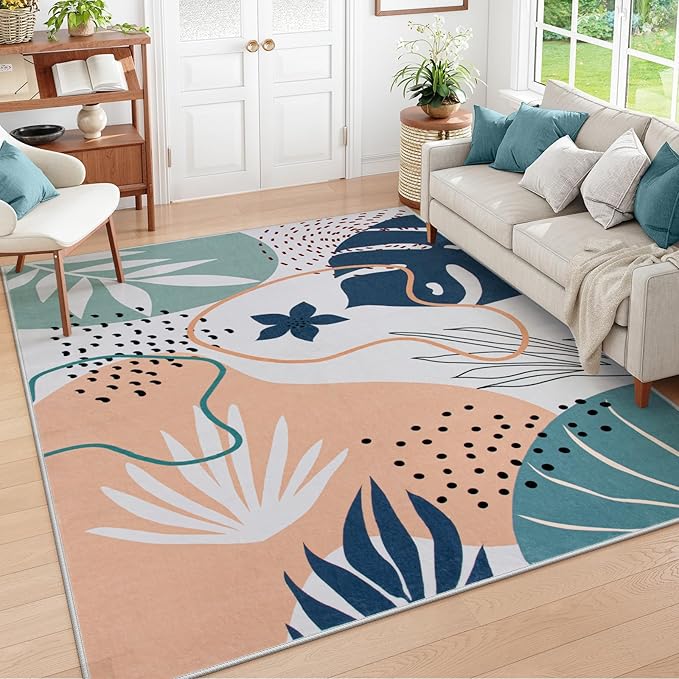 Lahome Washable Area Rug 5x7 - Non-Slip Soft Carpet for Bedroom Ultra-Thin Stain Resistant Rug for Living Room Throw Cute Kids Nursery Rug, Boho Botanical Print Indoor Rugs for Entryway Office