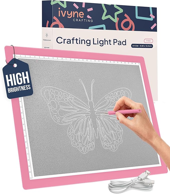iVyne Corded Light Pad for Weeding Vinyl - A4 Light Box for Drawing - Light Board for Tracing - Light Box for Diamond Painting, Weeding Vinyl, Sketching, Tracing (Pink)