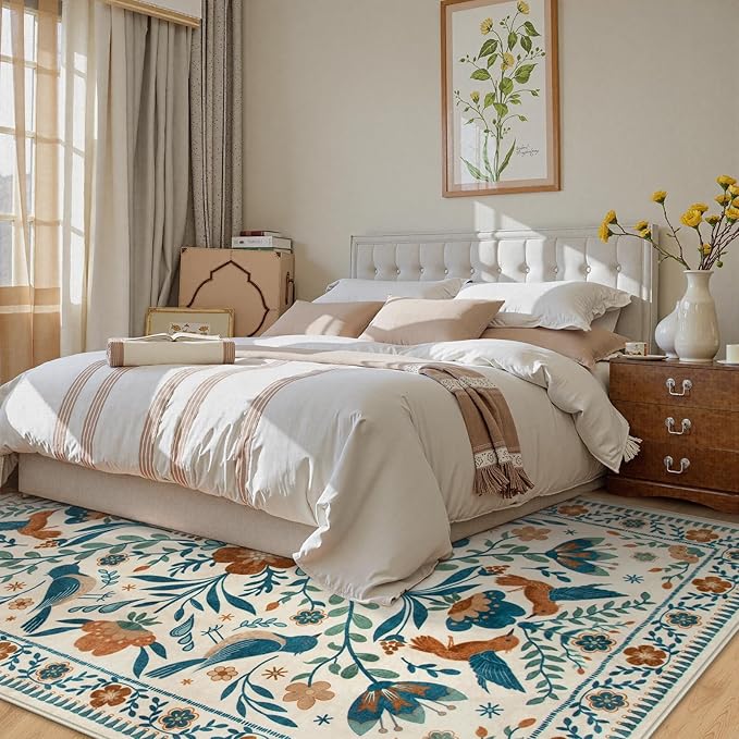 Moynesa Washable Boho Bird 6x9 Area Rugs, Ultra Thin Soft Living Room Rugs for Bedroom Non Slip, Stain Resistant, Easy Clean, Large Beige Indoor Throw Carpet for Dining Room Office Nursery