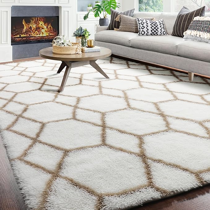 ONASAR Large Area Rugs for Living Room, 7x10 White and Beige Bedroom Rug, Washable Geometric Boho Soft Plush Shaggy Fuzzy Floor Carpet Mat for Nursery Kids Girls Boys Teen Dorm Home Decor