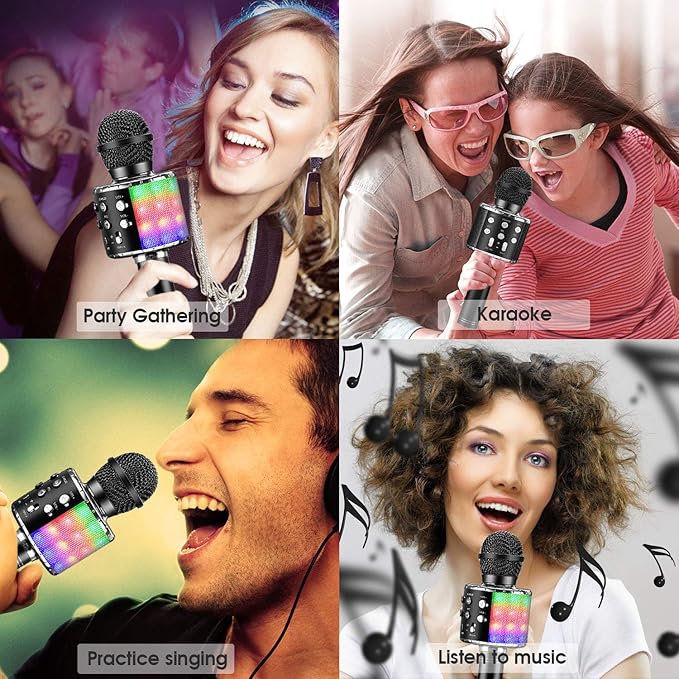 BlueFire 4 in 1 Karaoke Wireless Microphone with LED Lights, Portable Microphone for Kids, Great Gifts Toys for Kids, Girls, Boys and Adults (Black)
