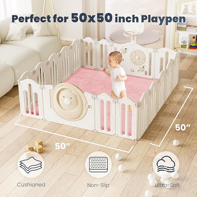 ACOMOPACK Baby Play Mat for Floor 1.3" Thick Memory Foam 50x50 Soft Velvet Playpen Mat for Kids,Infants,Toddlers,Tummy Time Crawling Mats with Non-Slip Bottom,Yoga,Tatami,Nursery Rug（Pink）